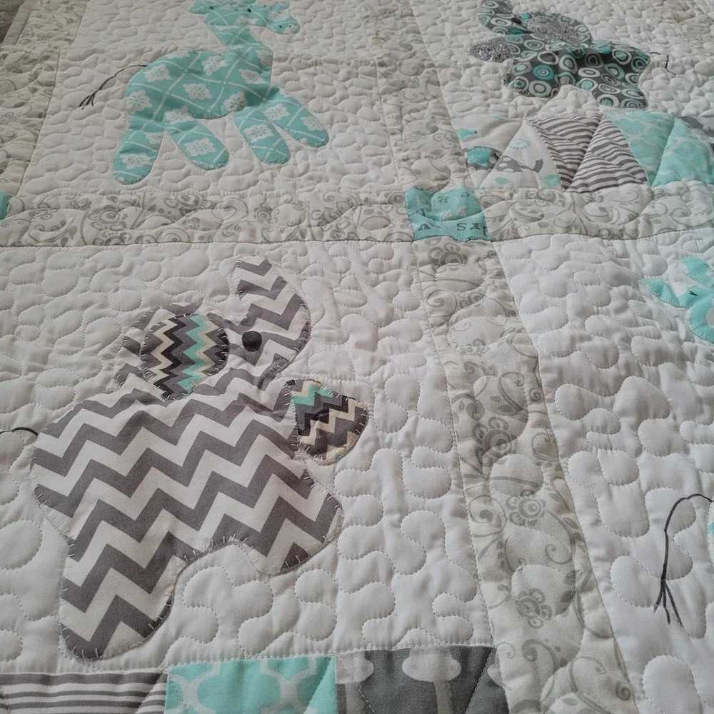 Handmade Baby Quilt Pillow Blue Gray White Elephant Giraffe Applique Nursery Art